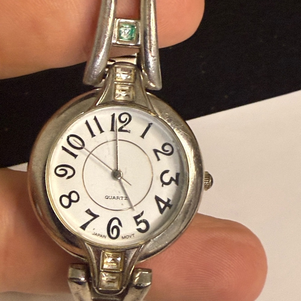 Silver Watch with White Dial and Gem Accents